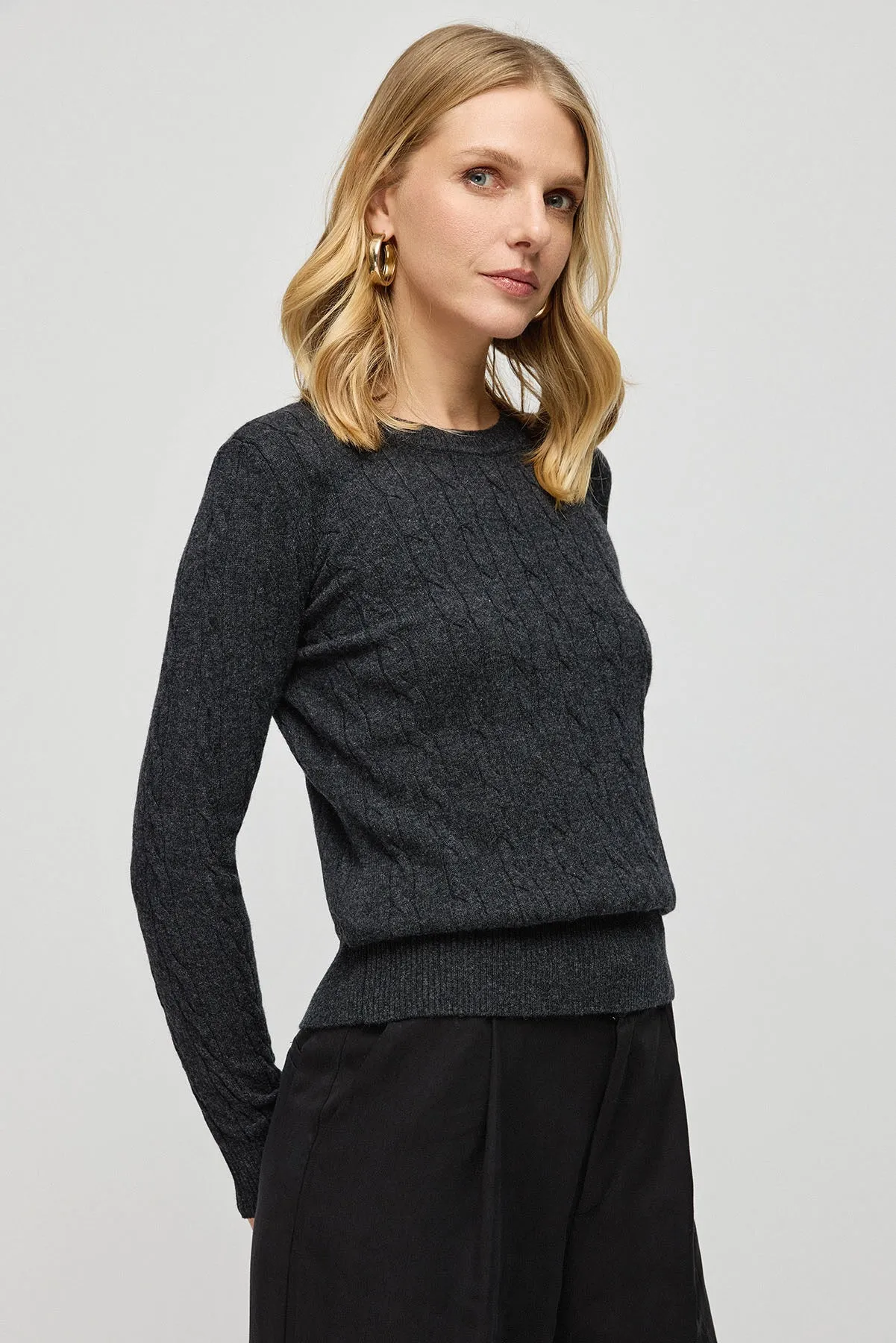 Anthracite Australian Wool and Cashmere Amelia Hair Braided Crew Neck Women's Sweater