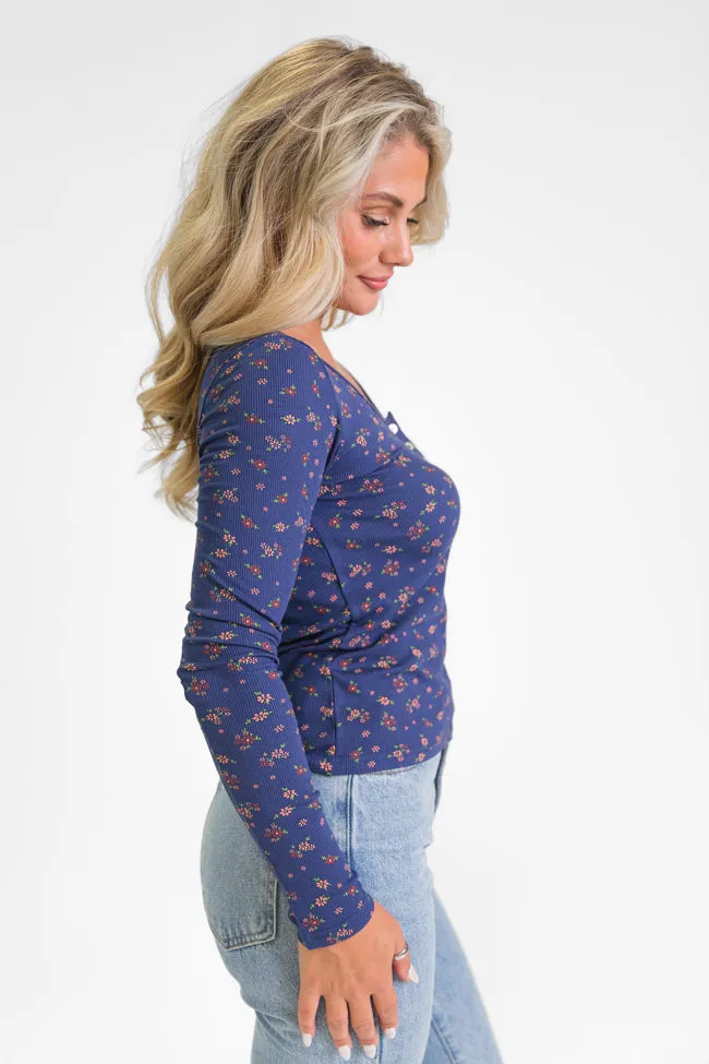 Best In Bloom Navy Ribbed Floral Henley Top FINAL SALE