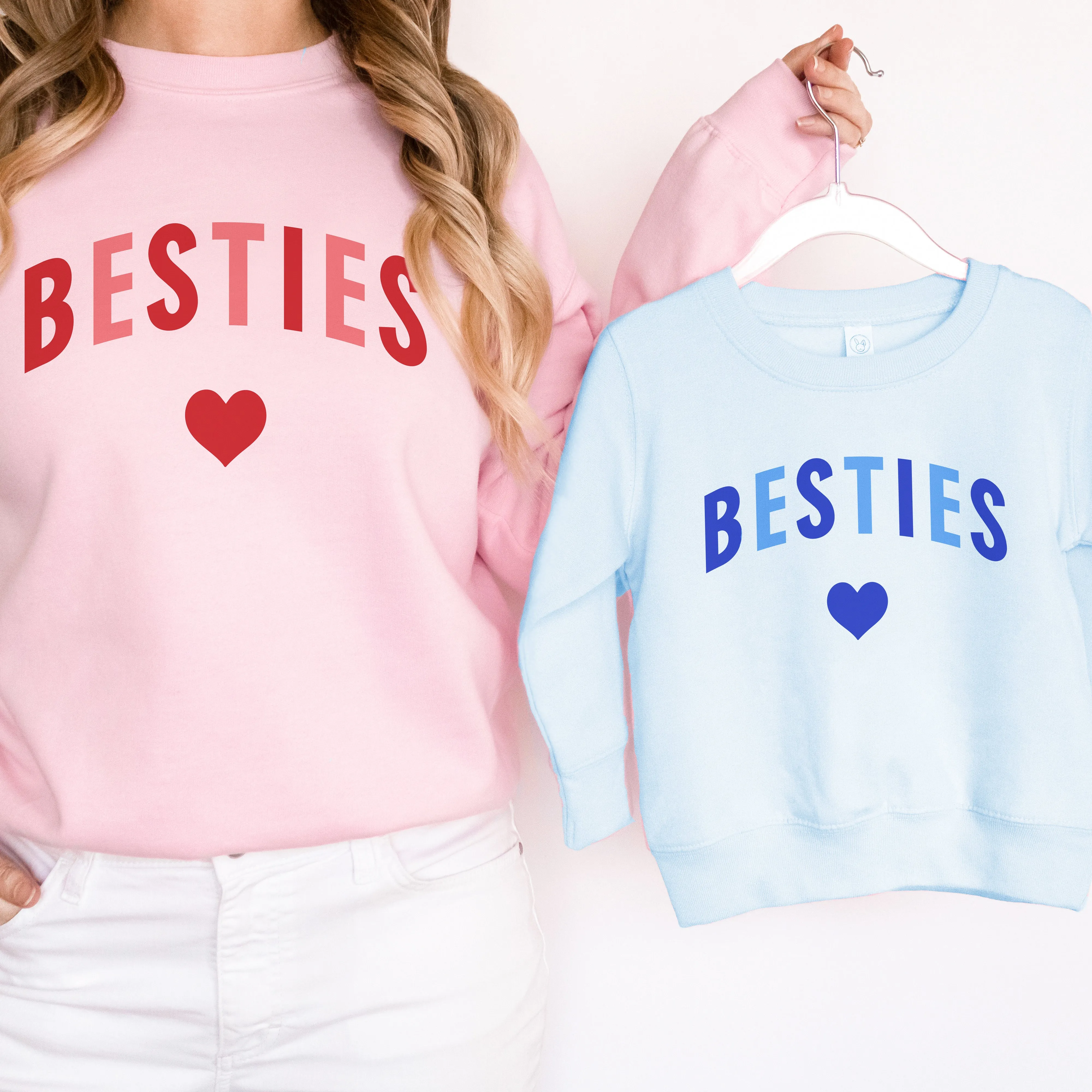 Besties Love Hearts Mum & Kid Matching Pink/Blue Sweatshirts