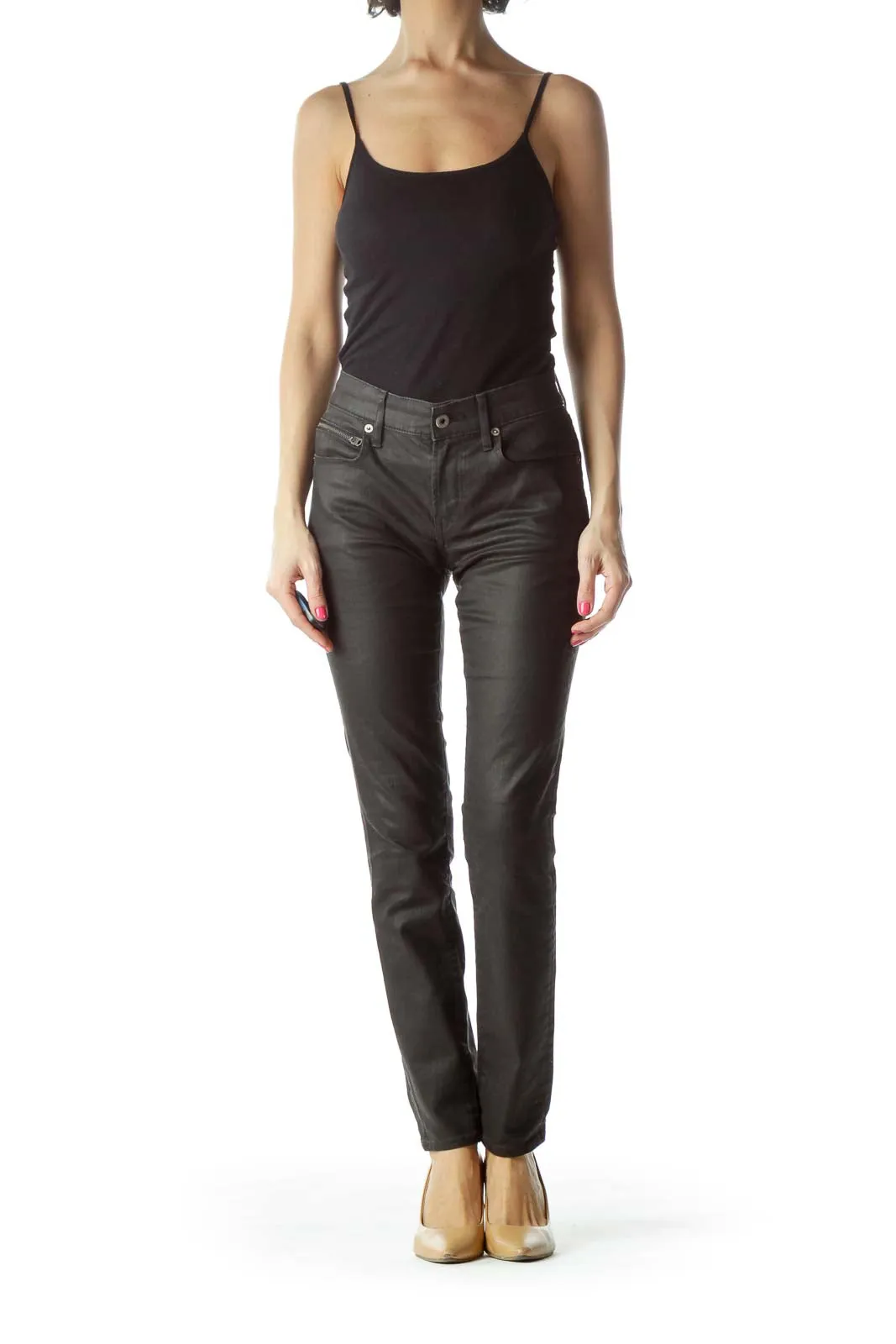 Black Denim Skinny Jeans with Zipper Pockets