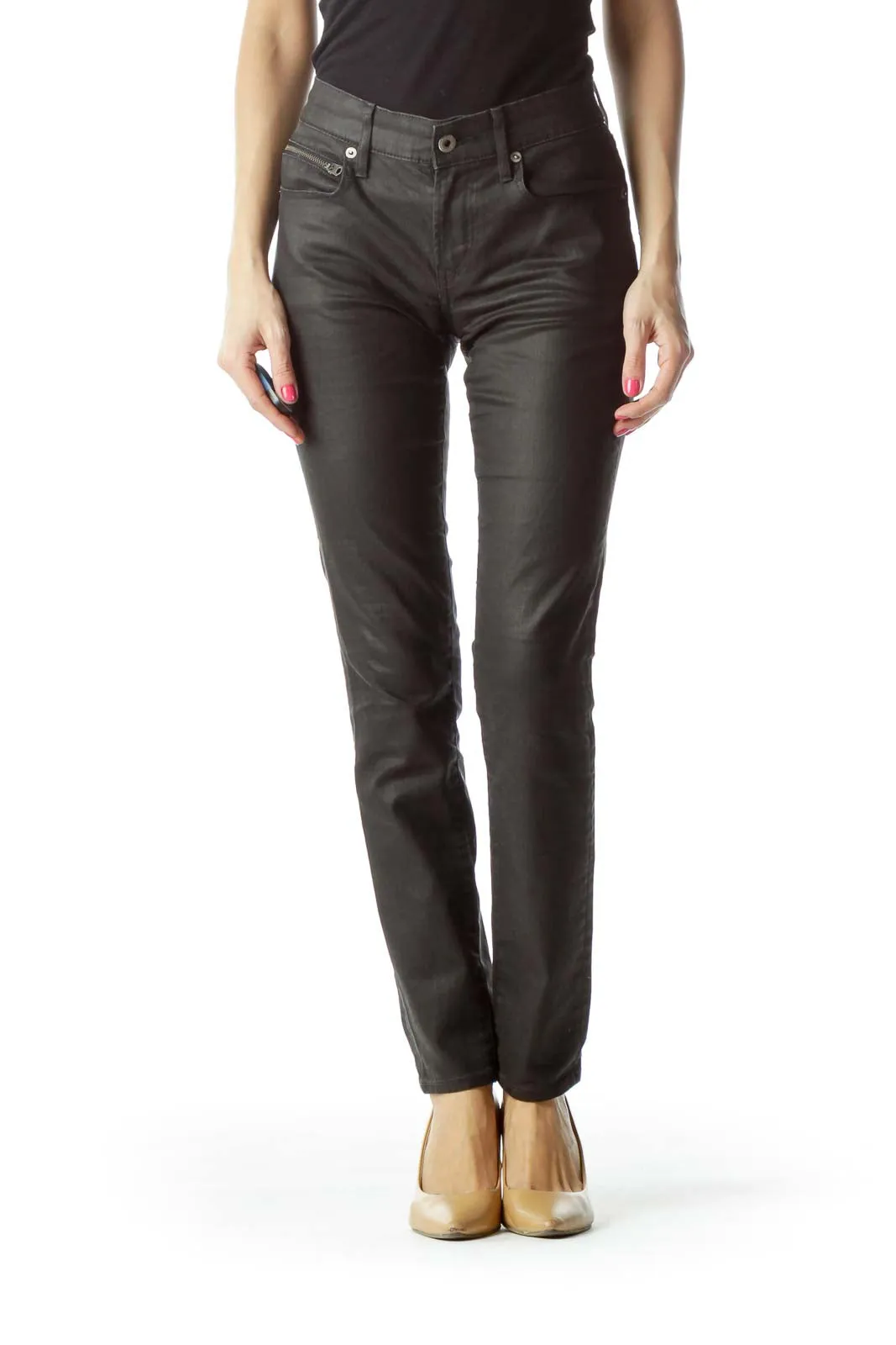 Black Denim Skinny Jeans with Zipper Pockets