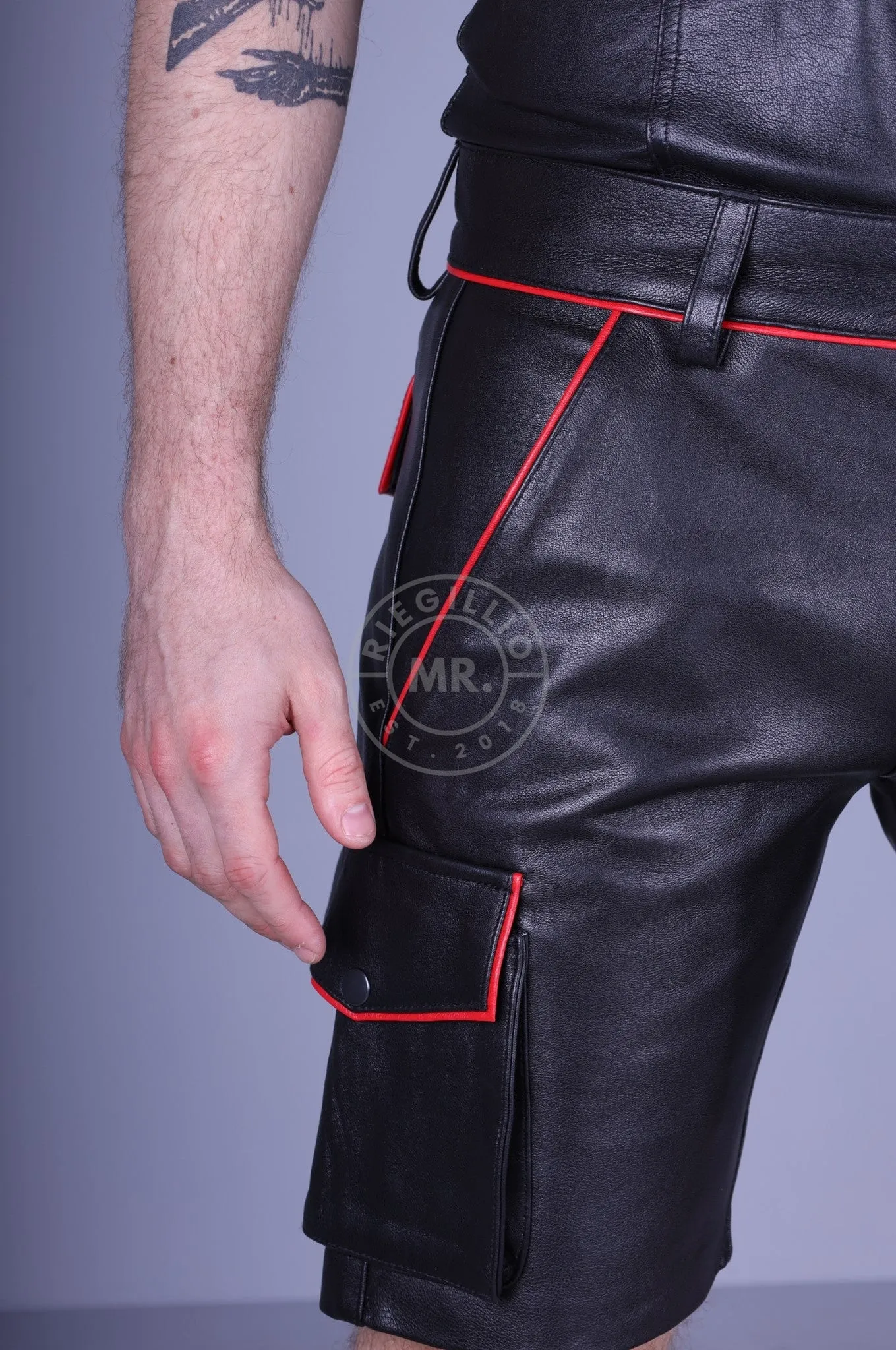 Black Leather Cargo Short - Red Piping