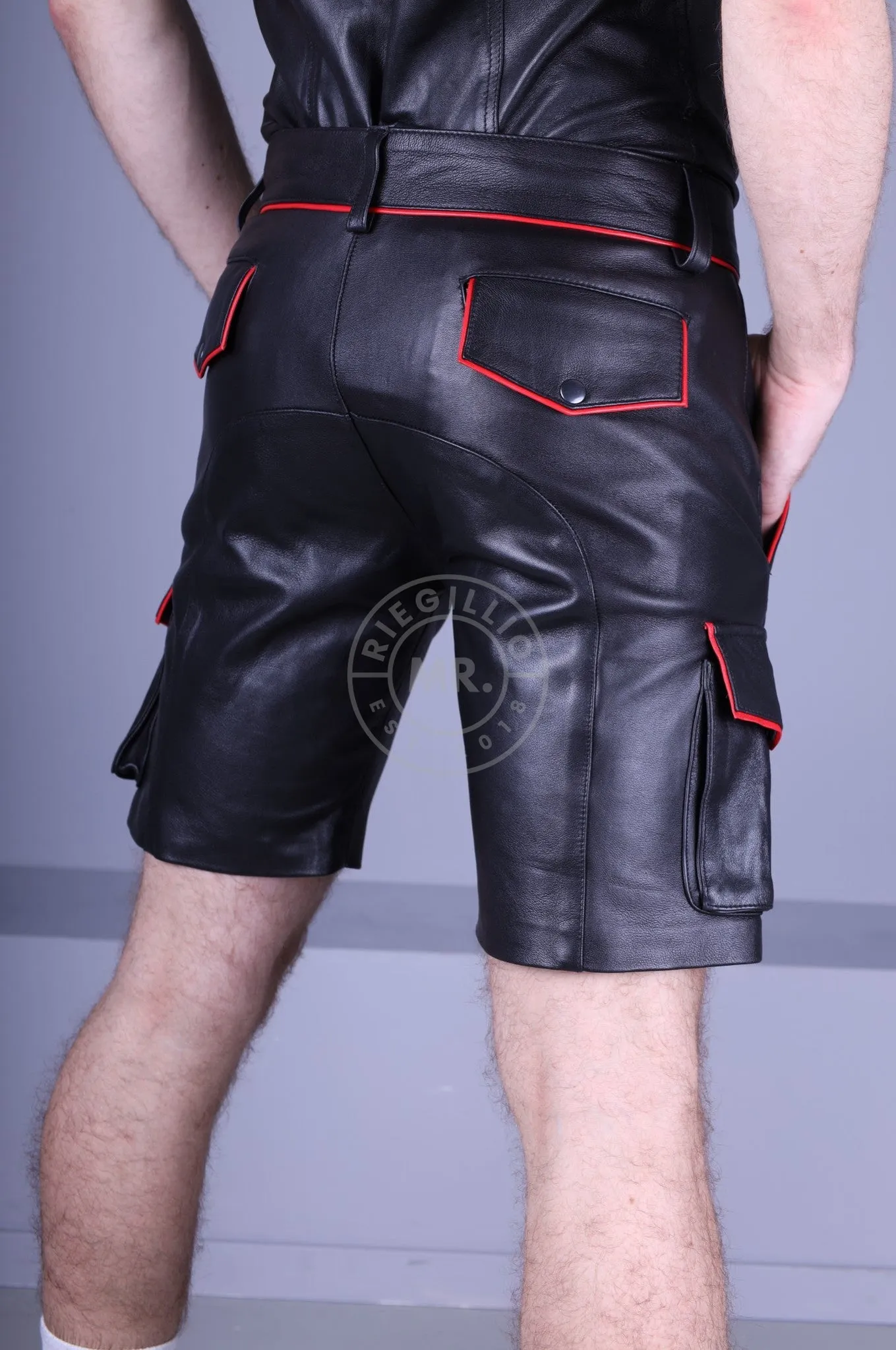 Black Leather Cargo Short - Red Piping