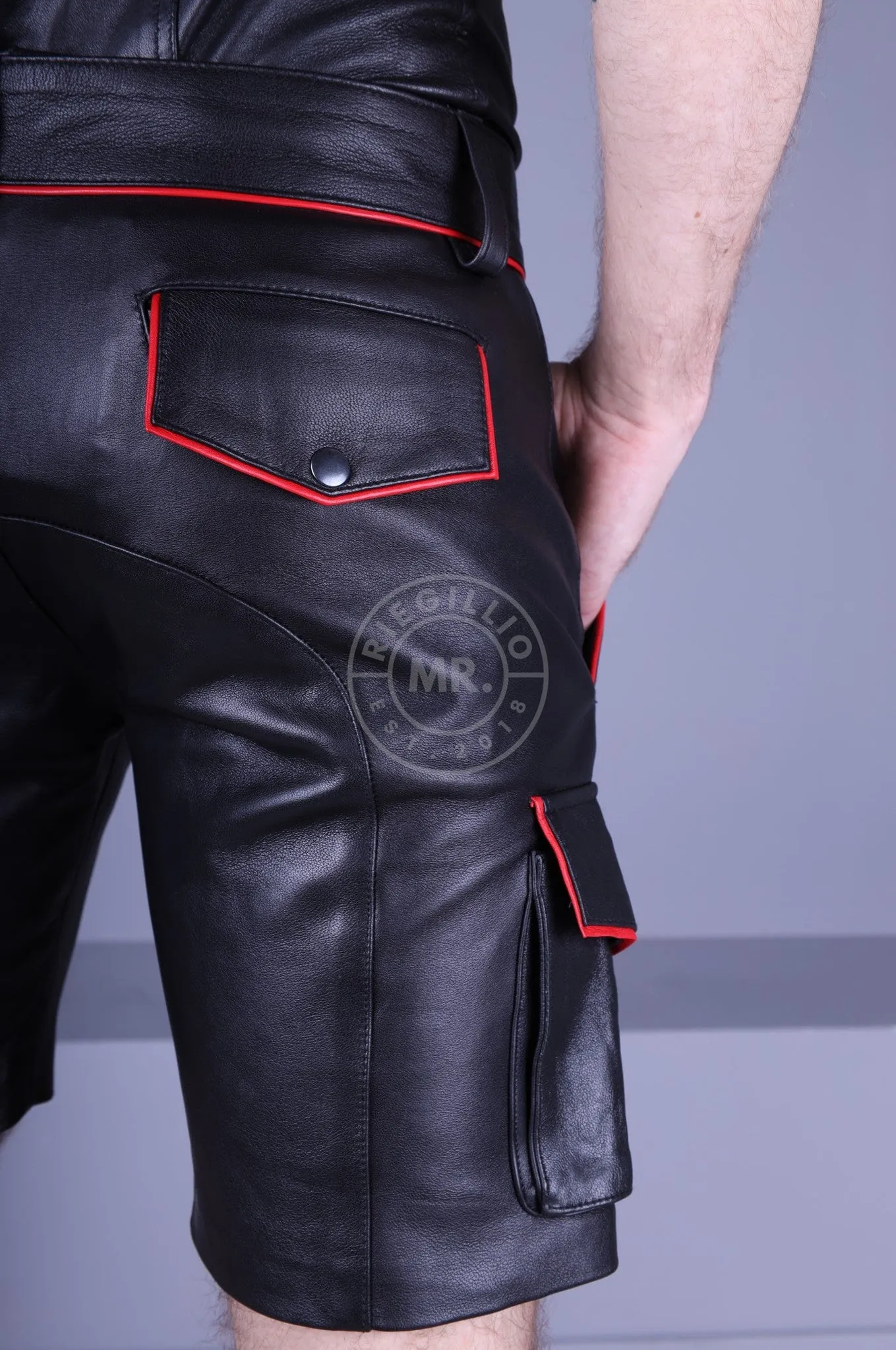 Black Leather Cargo Short - Red Piping