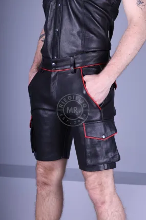 Black Leather Cargo Short - Red Piping