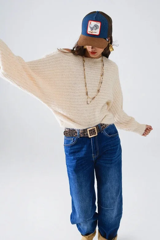 Boat Neck Chunky Rib Sweater in Cream