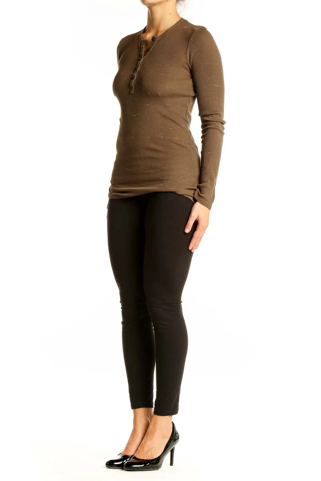 Brown Ribbed Henley Long Sleeve Top