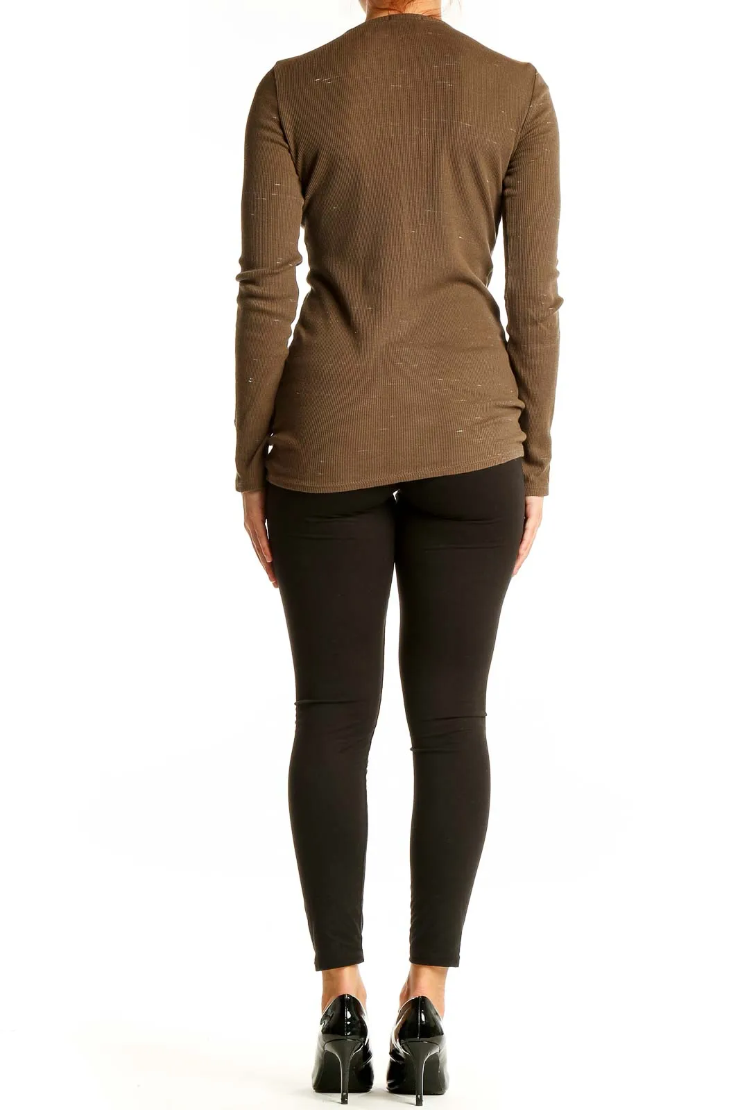 Brown Ribbed Henley Long Sleeve Top