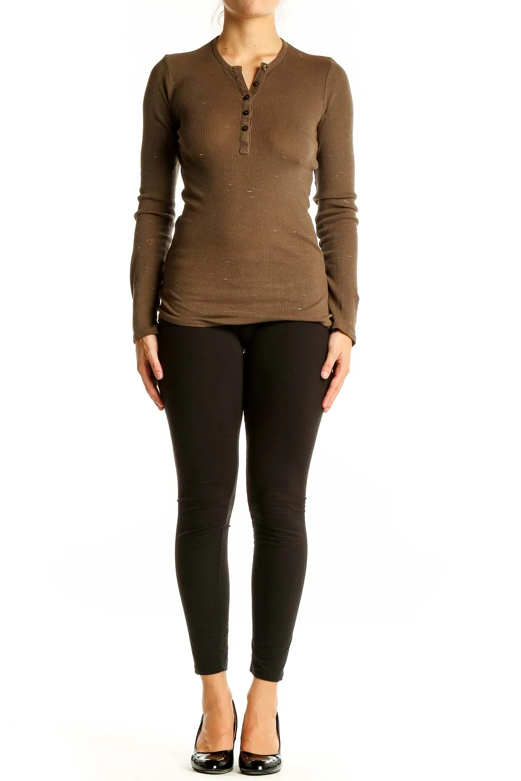 Brown Ribbed Henley Long Sleeve Top