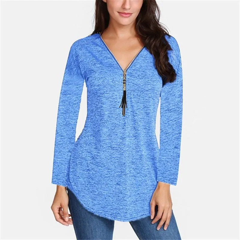 Cotton Long Sleeve V-Neck Tassel Zipper T-Shirt Plus Size For Women