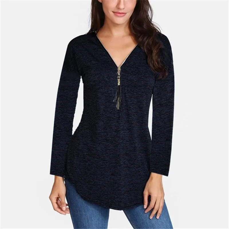 Cotton Long Sleeve V-Neck Tassel Zipper T-Shirt Plus Size For Women