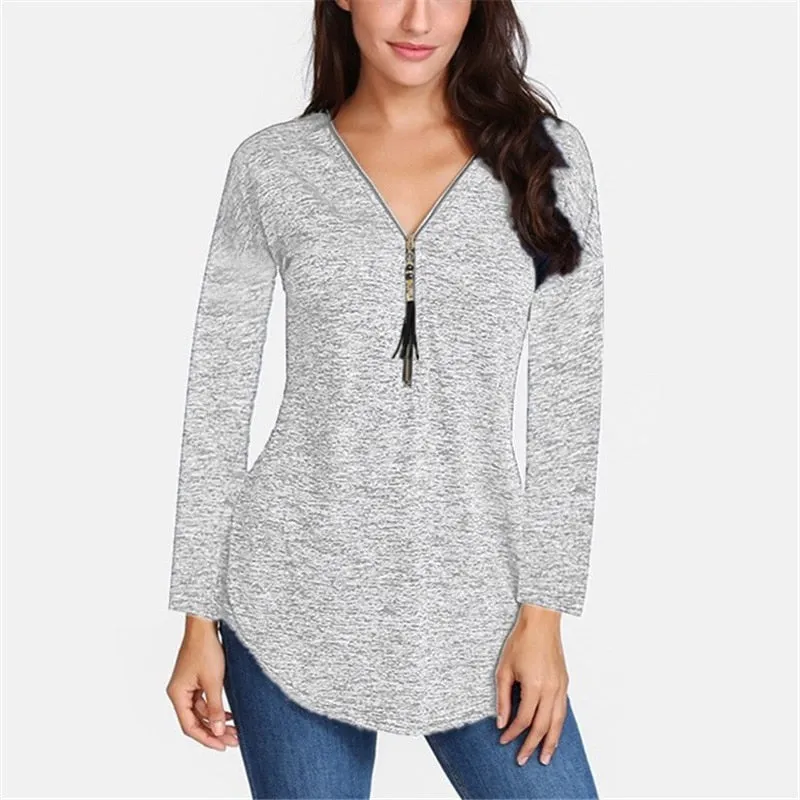 Cotton Long Sleeve V-Neck Tassel Zipper T-Shirt Plus Size For Women