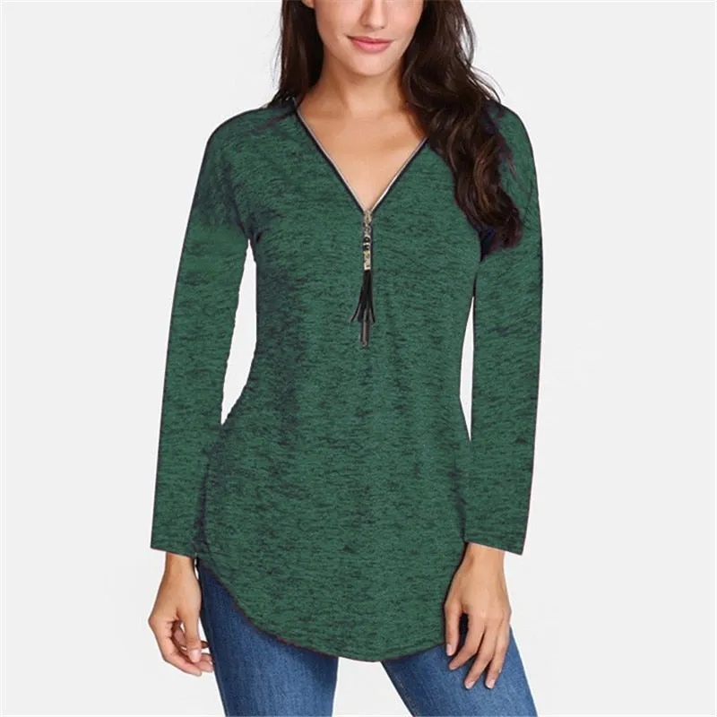 Cotton Long Sleeve V-Neck Tassel Zipper T-Shirt Plus Size For Women