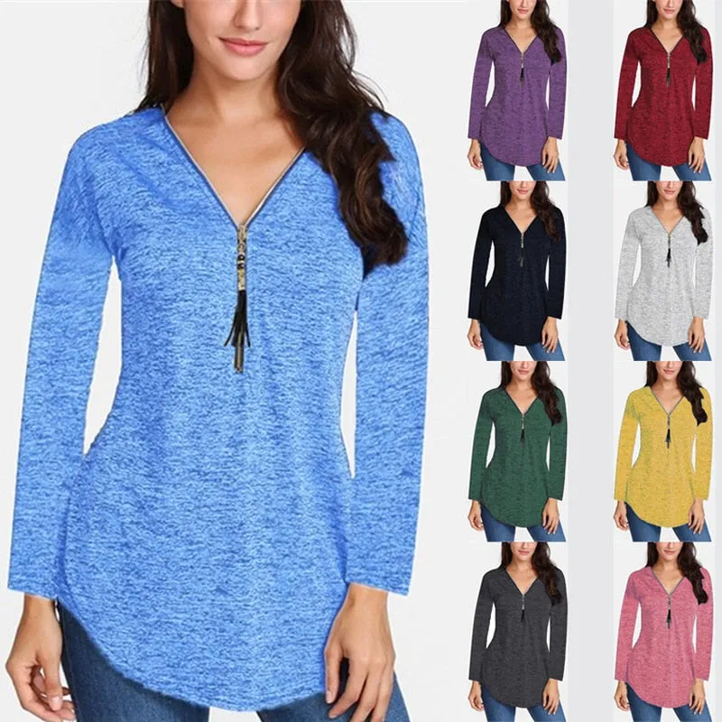 Cotton Long Sleeve V-Neck Tassel Zipper T-Shirt Plus Size For Women