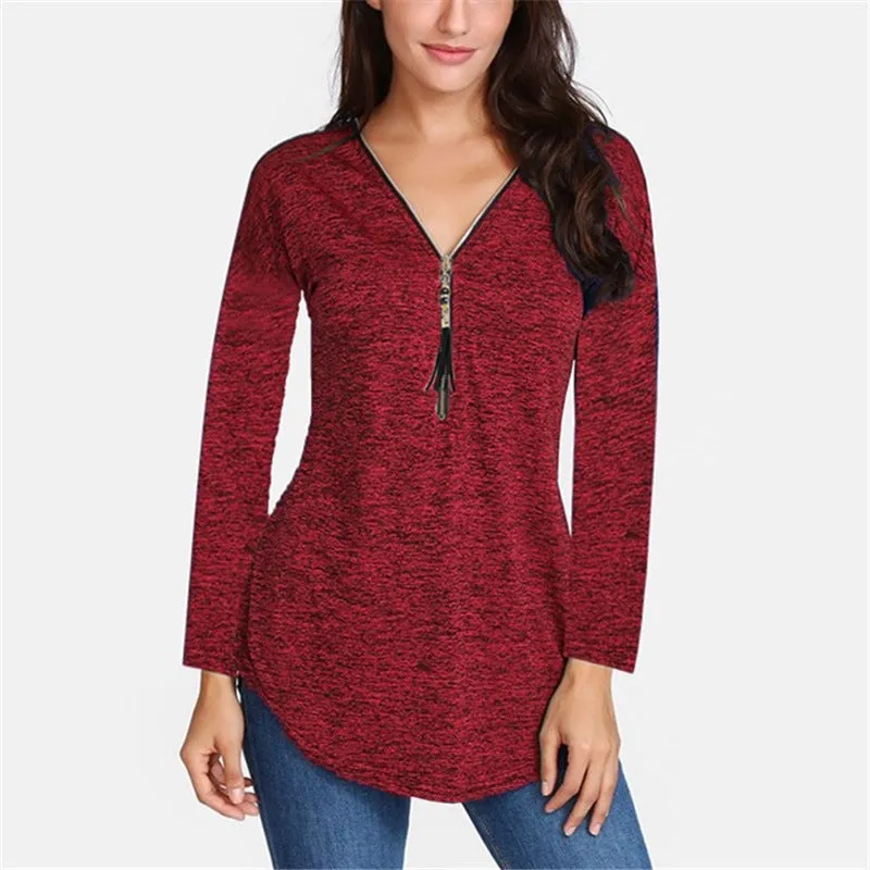 Cotton Long Sleeve V-Neck Tassel Zipper T-Shirt Plus Size For Women