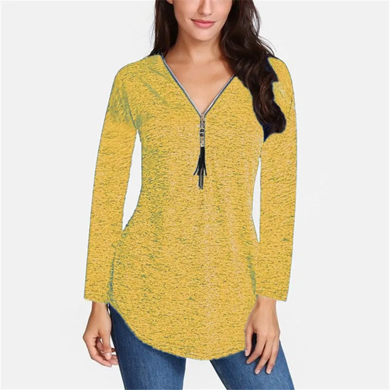 Cotton Long Sleeve V-Neck Tassel Zipper T-Shirt Plus Size For Women