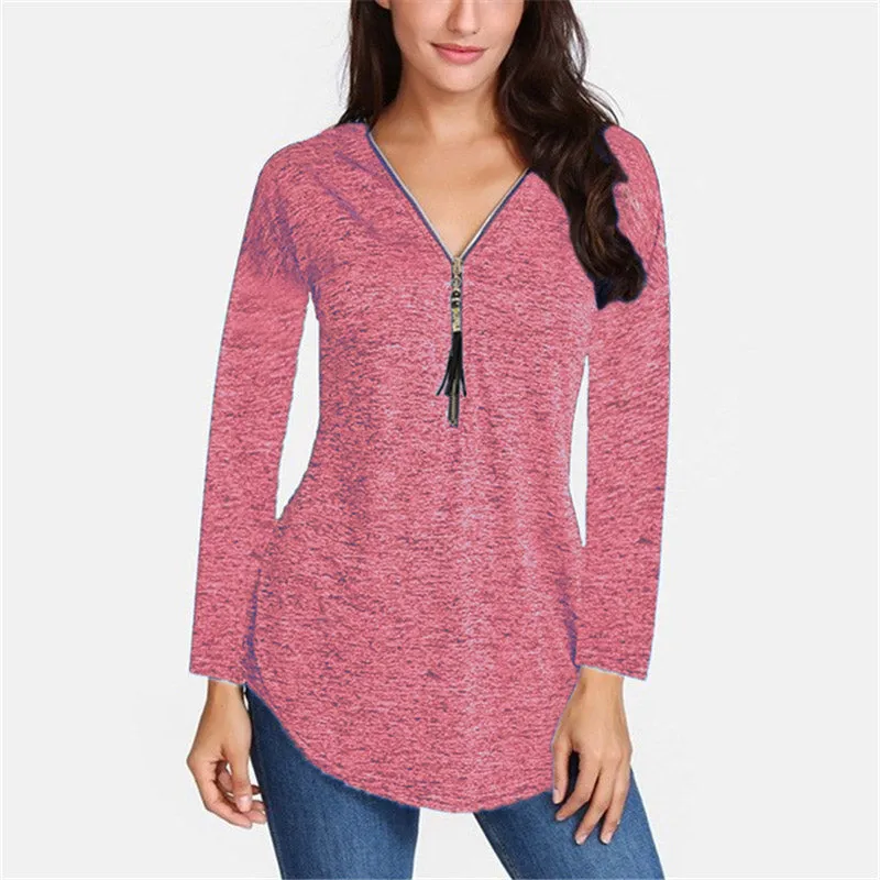 Cotton Long Sleeve V-Neck Tassel Zipper T-Shirt Plus Size For Women