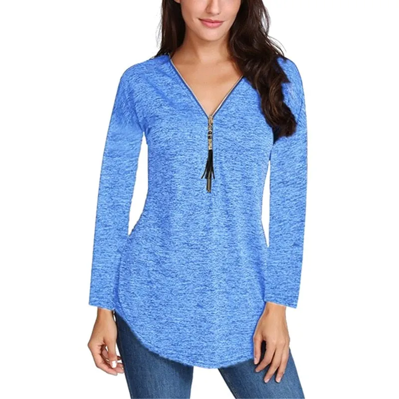 Cotton Long Sleeve V-Neck Tassel Zipper T-Shirt Plus Size For Women