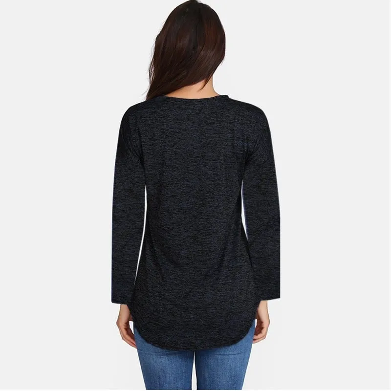 Cotton Long Sleeve V-Neck Tassel Zipper T-Shirt Plus Size For Women