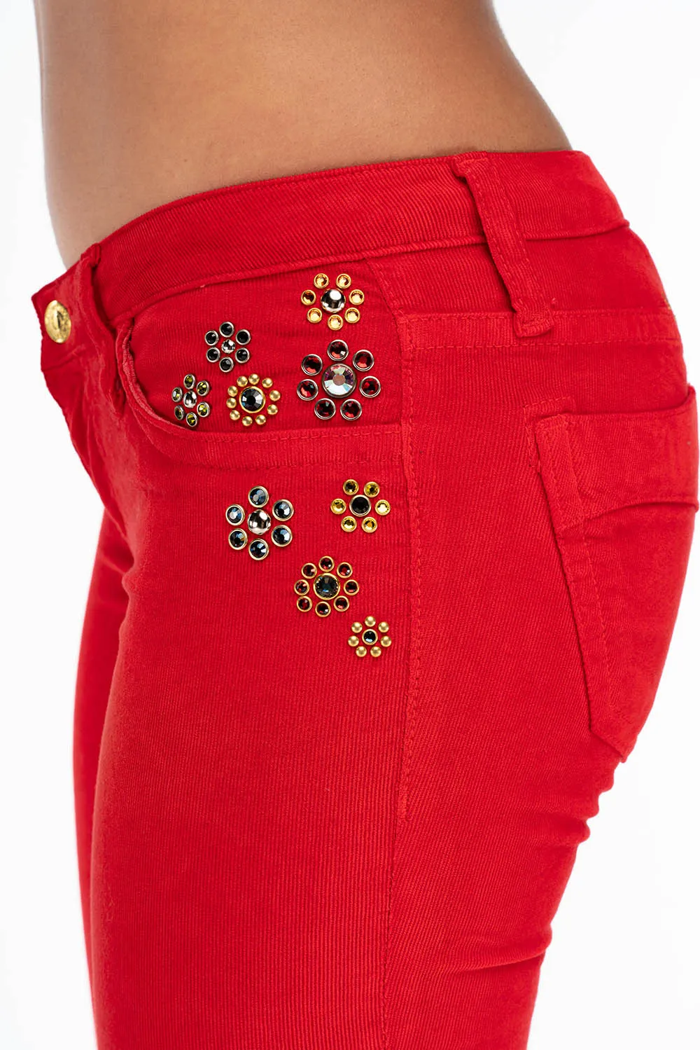 CRYSTAL FLOWER STRAIGHT LEG BABY CORDS IN RED