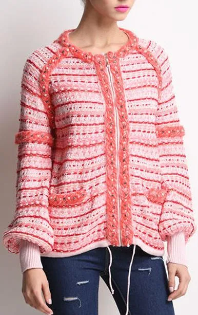 Embellished Cashmere Tweed Zip Sweater