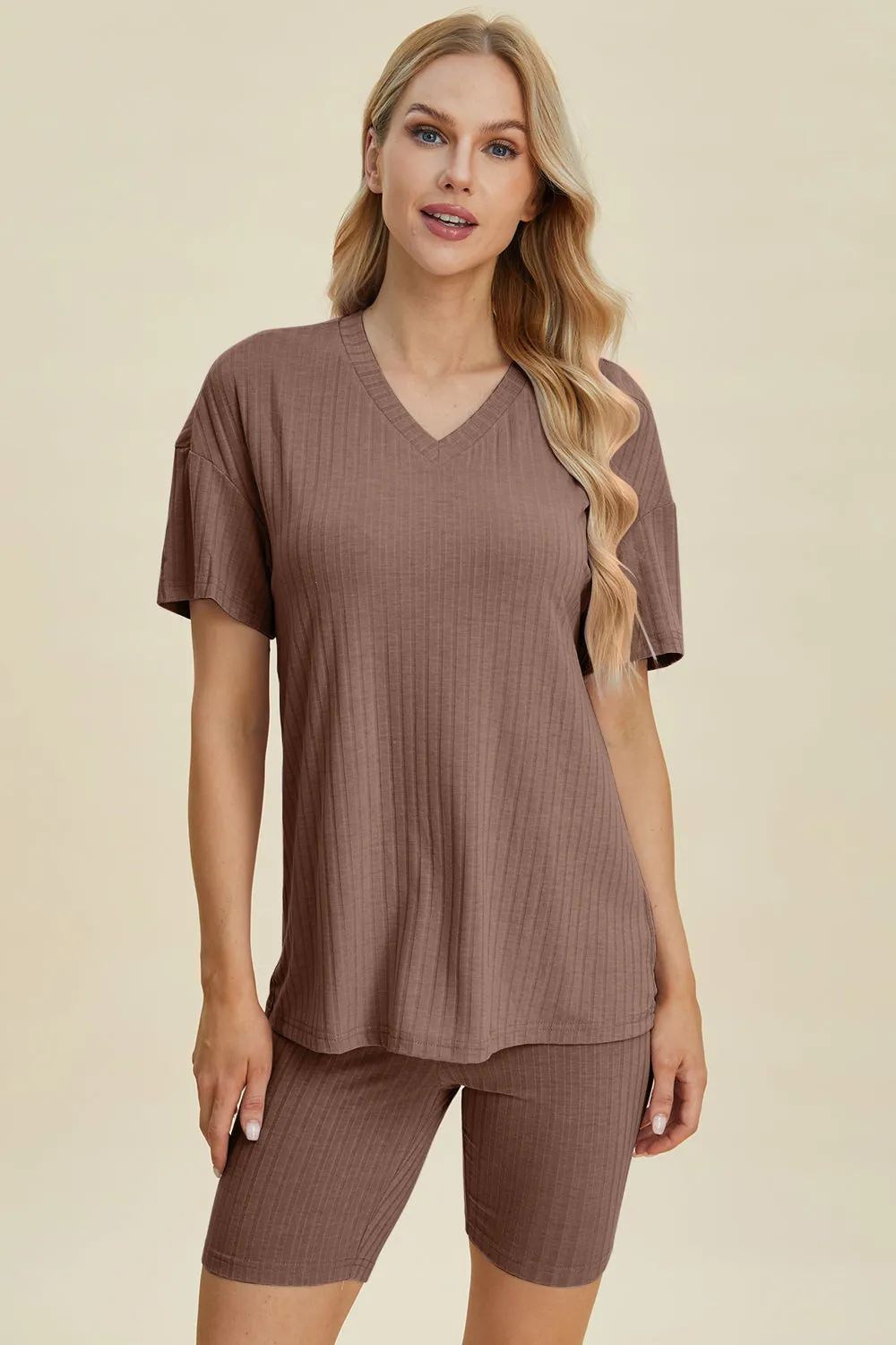 Full Size Ribbed V-Neck Short Sleeve Top and Shorts Set