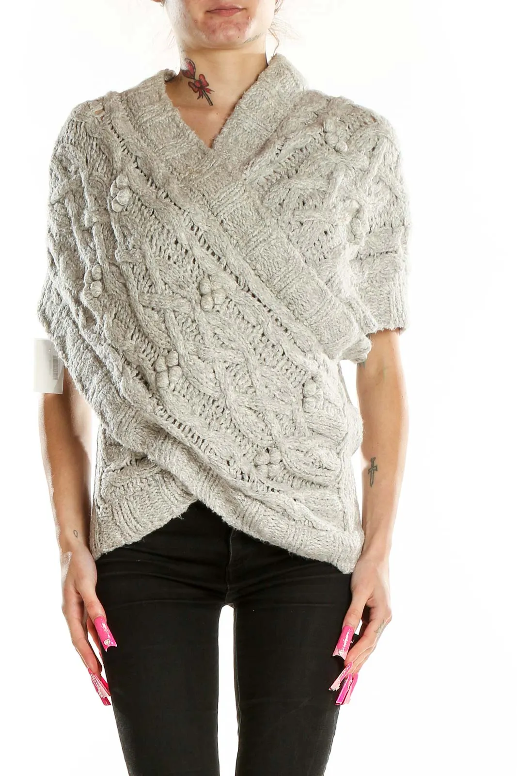 Gray Chunky Knit Wrap Sweater