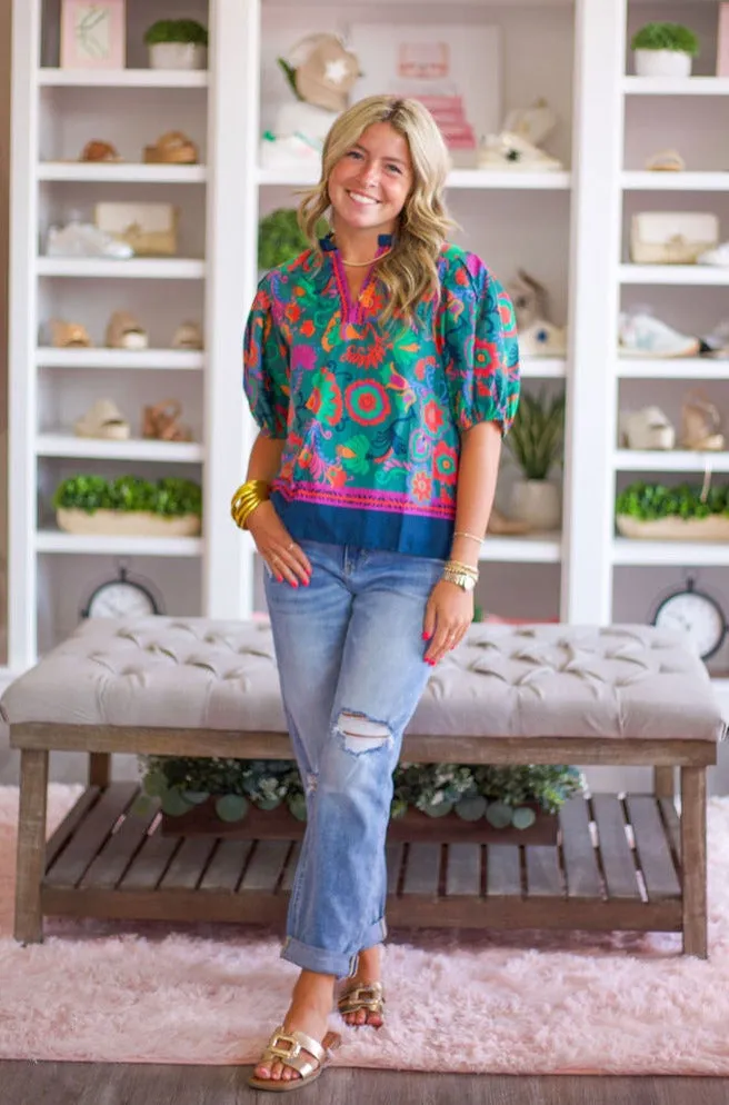 Hunter Green Floral Puff Sleeve Top