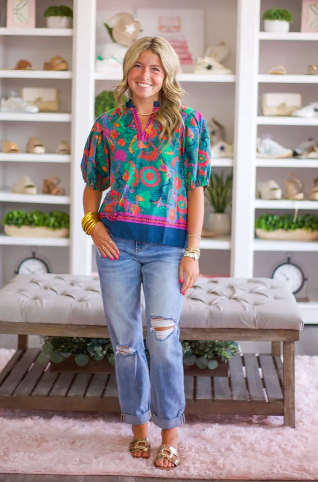 Hunter Green Floral Puff Sleeve Top