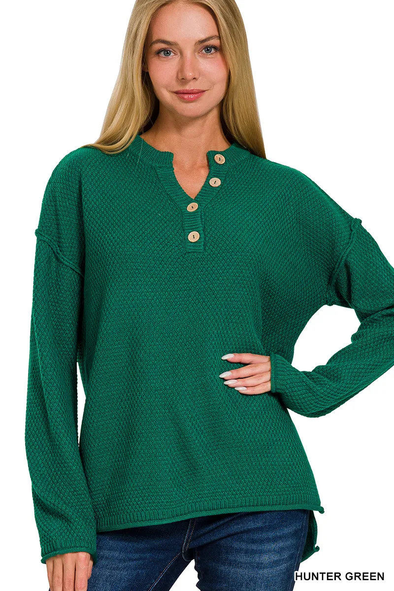 It's About Time Button V-Neck Sweater in Hunter Green