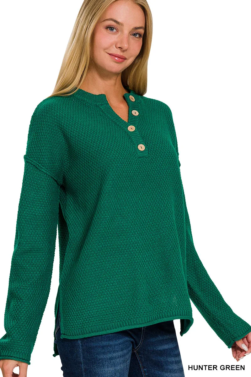 It's About Time Button V-Neck Sweater in Hunter Green