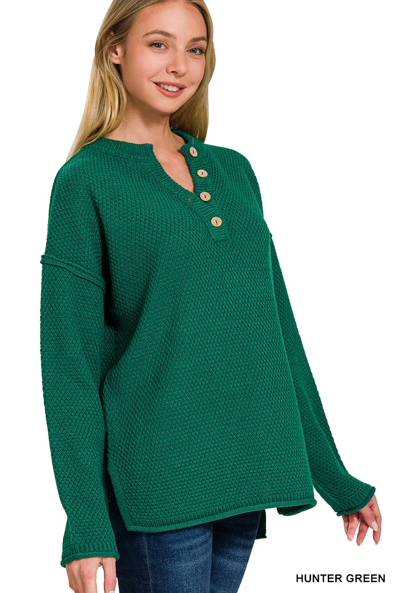 It's About Time Button V-Neck Sweater in Hunter Green