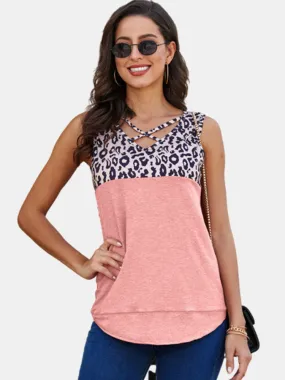 Leopard Print Patchwork V-neck Sleeveless Women Casual Tank Tops