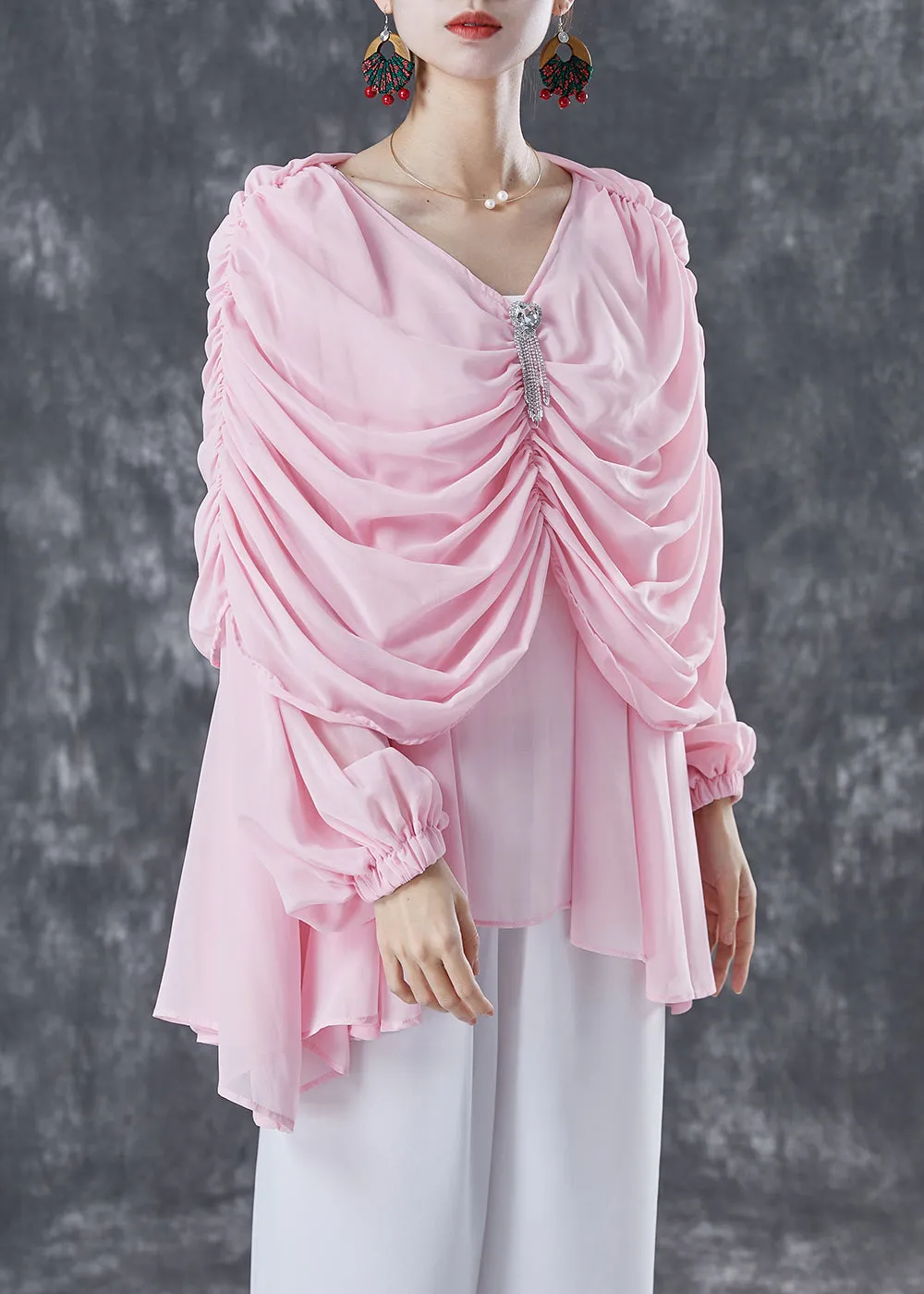 Natural Pink V Neck Wrinkled Chiffon Tops Summer LY5078