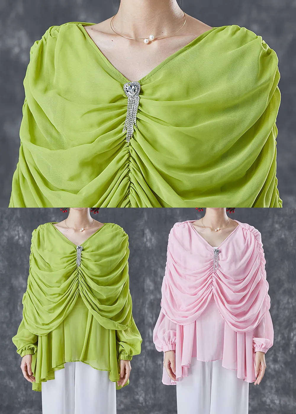 Natural Pink V Neck Wrinkled Chiffon Tops Summer LY5078