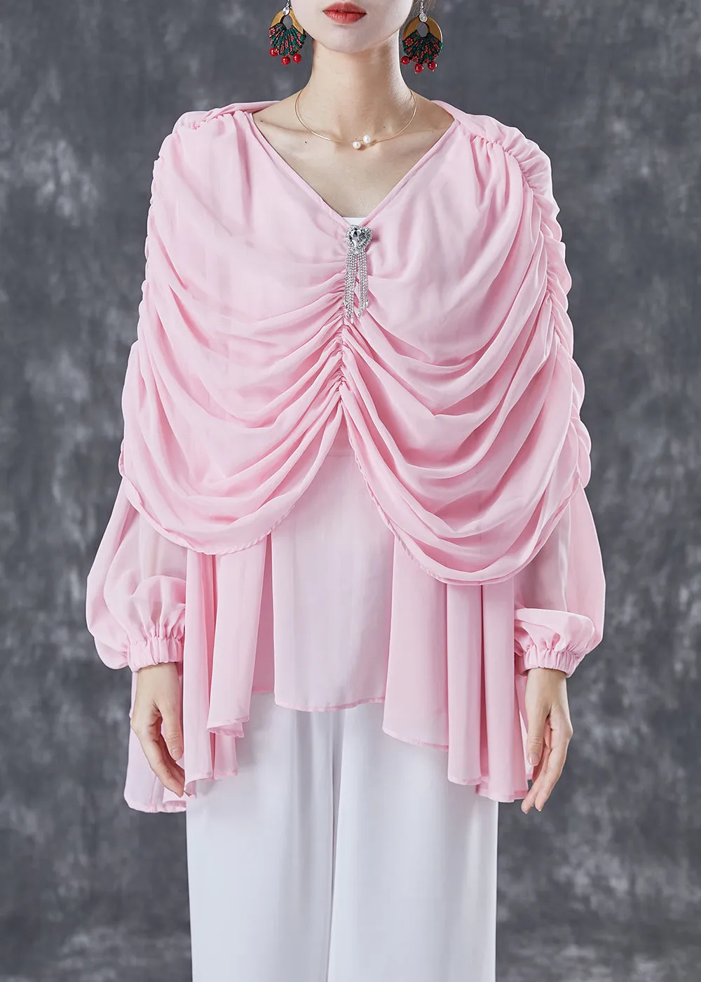 Natural Pink V Neck Wrinkled Chiffon Tops Summer LY5078