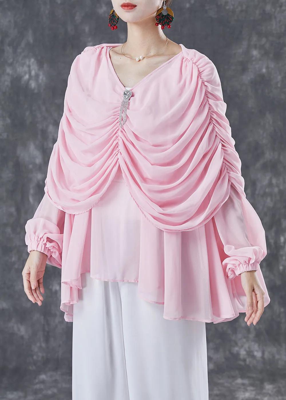 Natural Pink V Neck Wrinkled Chiffon Tops Summer LY5078