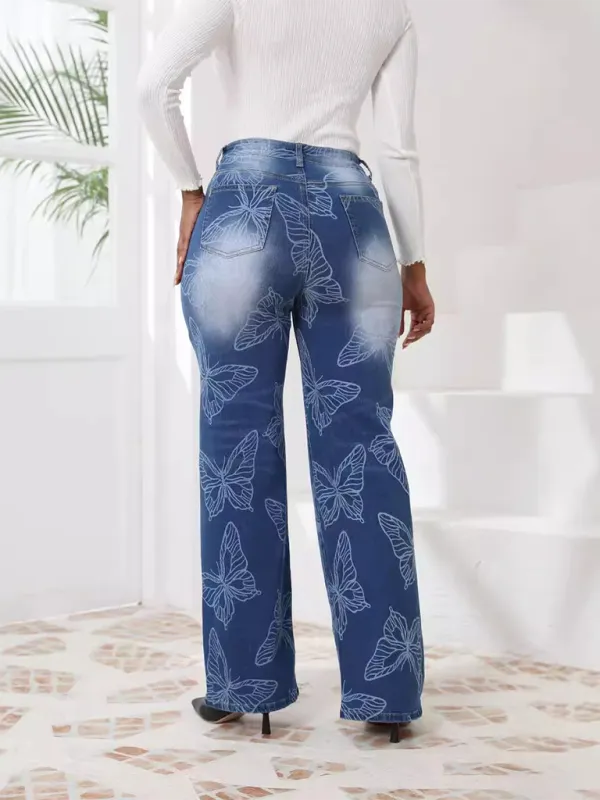 New Butterfly Printed High Waisted Straight Leg Denim Trousers