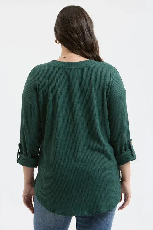 Plus 3/4 Tab Sleeve Henley Knit Top HUNTER GREEN