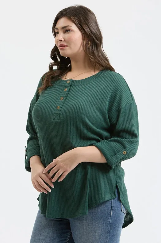 Plus 3/4 Tab Sleeve Henley Knit Top HUNTER GREEN