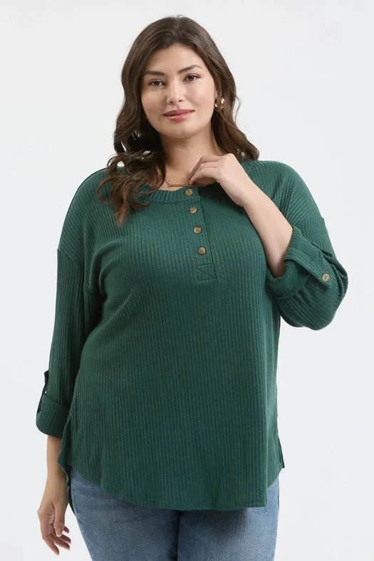 Plus 3/4 Tab Sleeve Henley Knit Top HUNTER GREEN