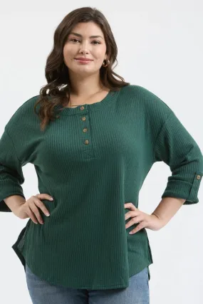 Plus 3/4 Tab Sleeve Henley Knit Top HUNTER GREEN