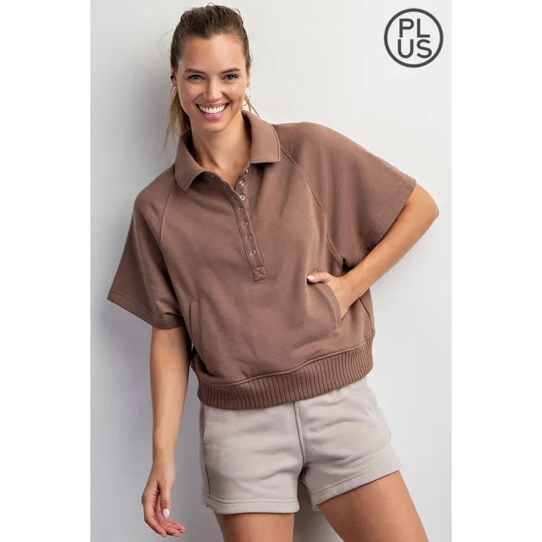 Plus Size French Terry Short Sleeve Top with Collar Smoky Brown