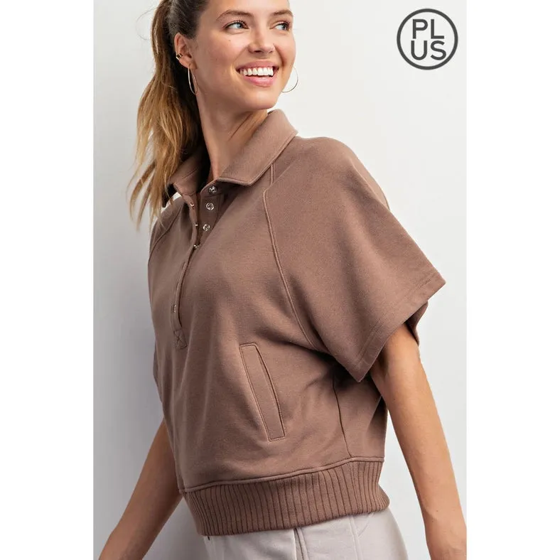 Plus Size French Terry Short Sleeve Top with Collar Smoky Brown