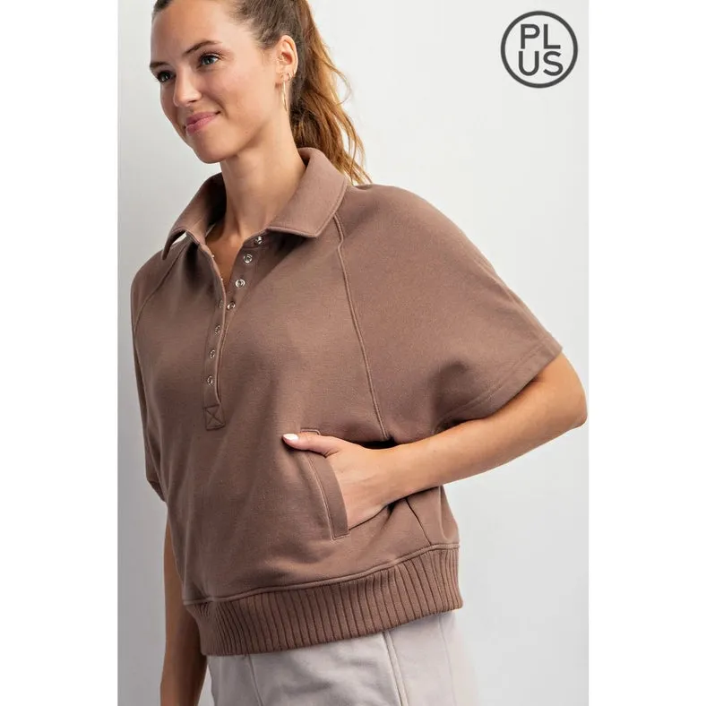 Plus Size French Terry Short Sleeve Top with Collar Smoky Brown