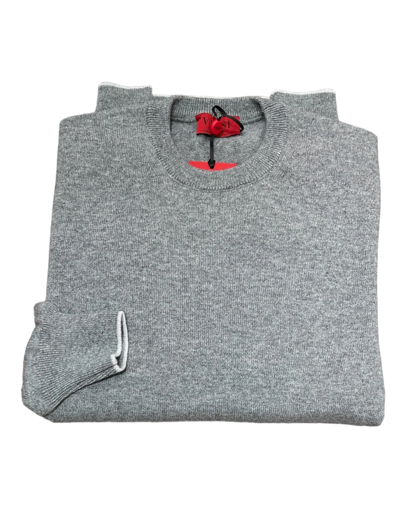 Pure Cashmere Crewneck Pullover With Contrast Trim -Grey Flannel/Calcite