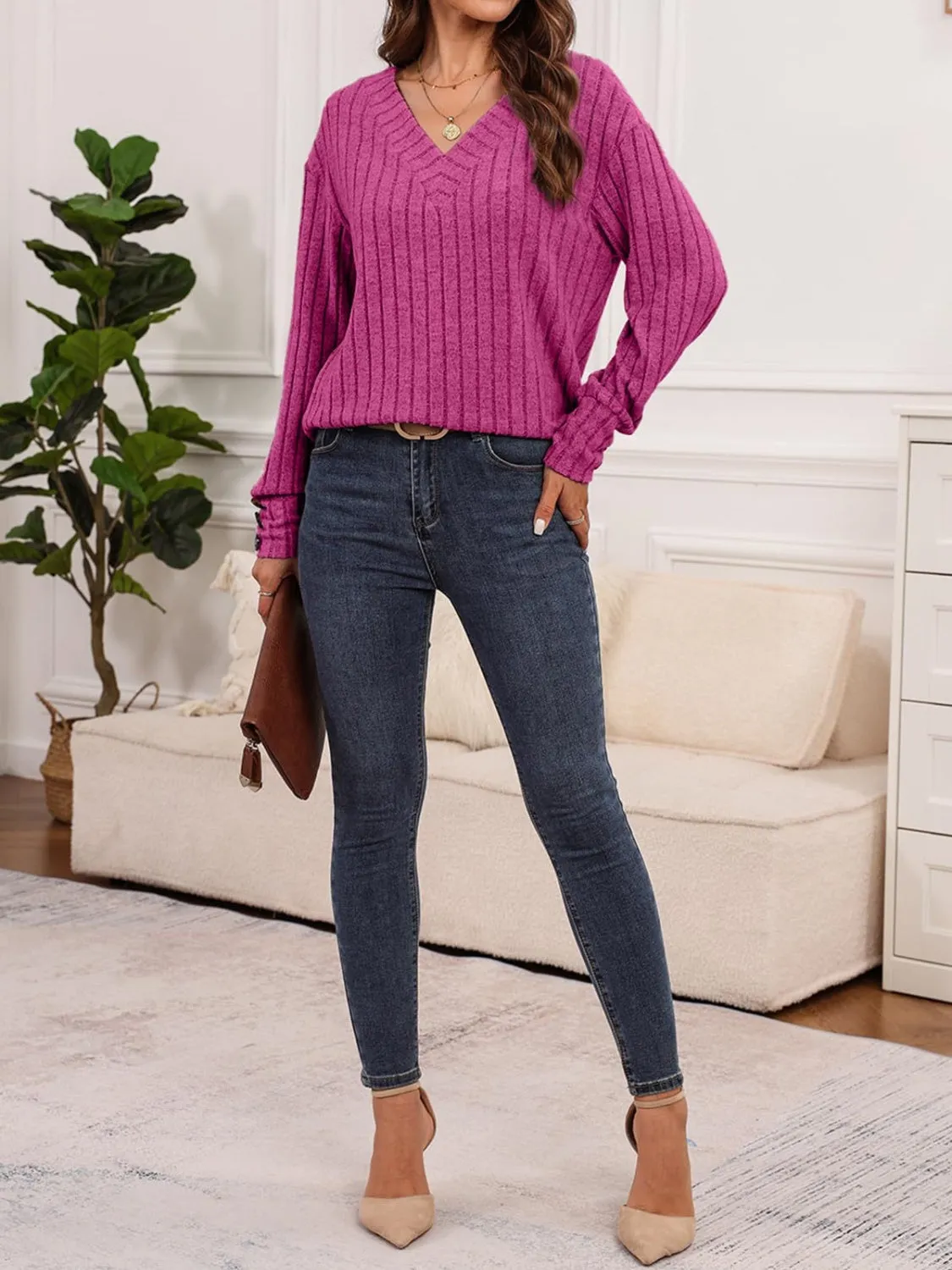 Ribbed V-Neck Long Sleeve Top