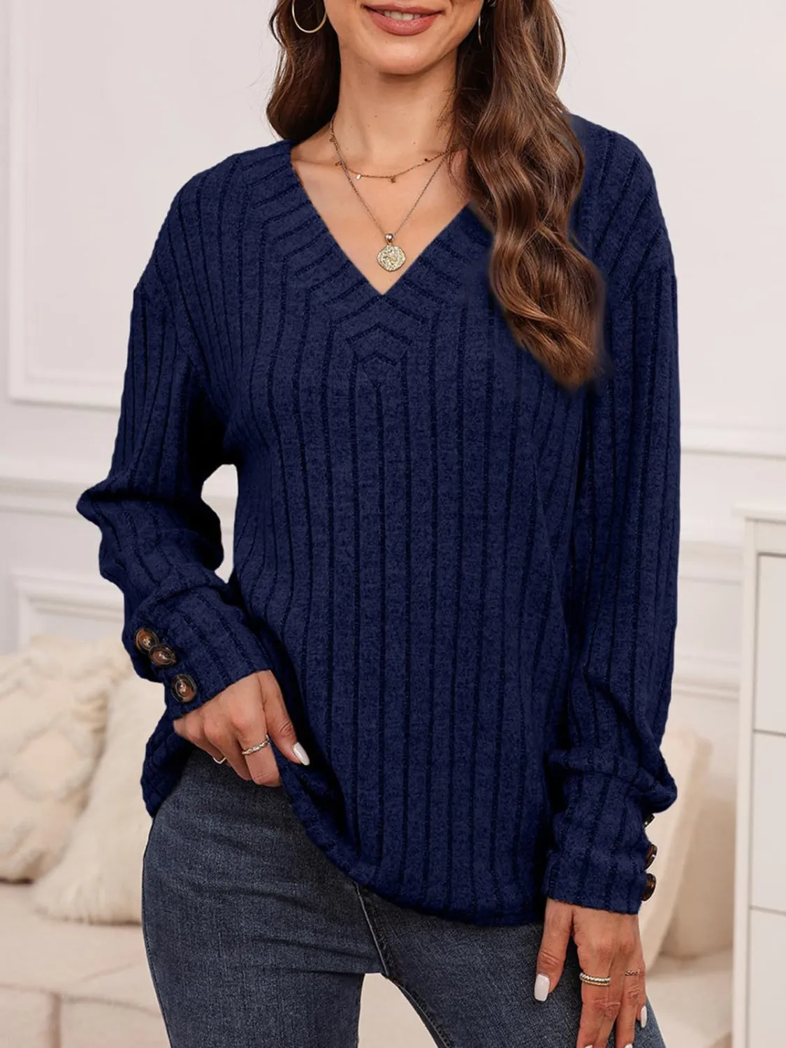 Ribbed V-Neck Long Sleeve Top