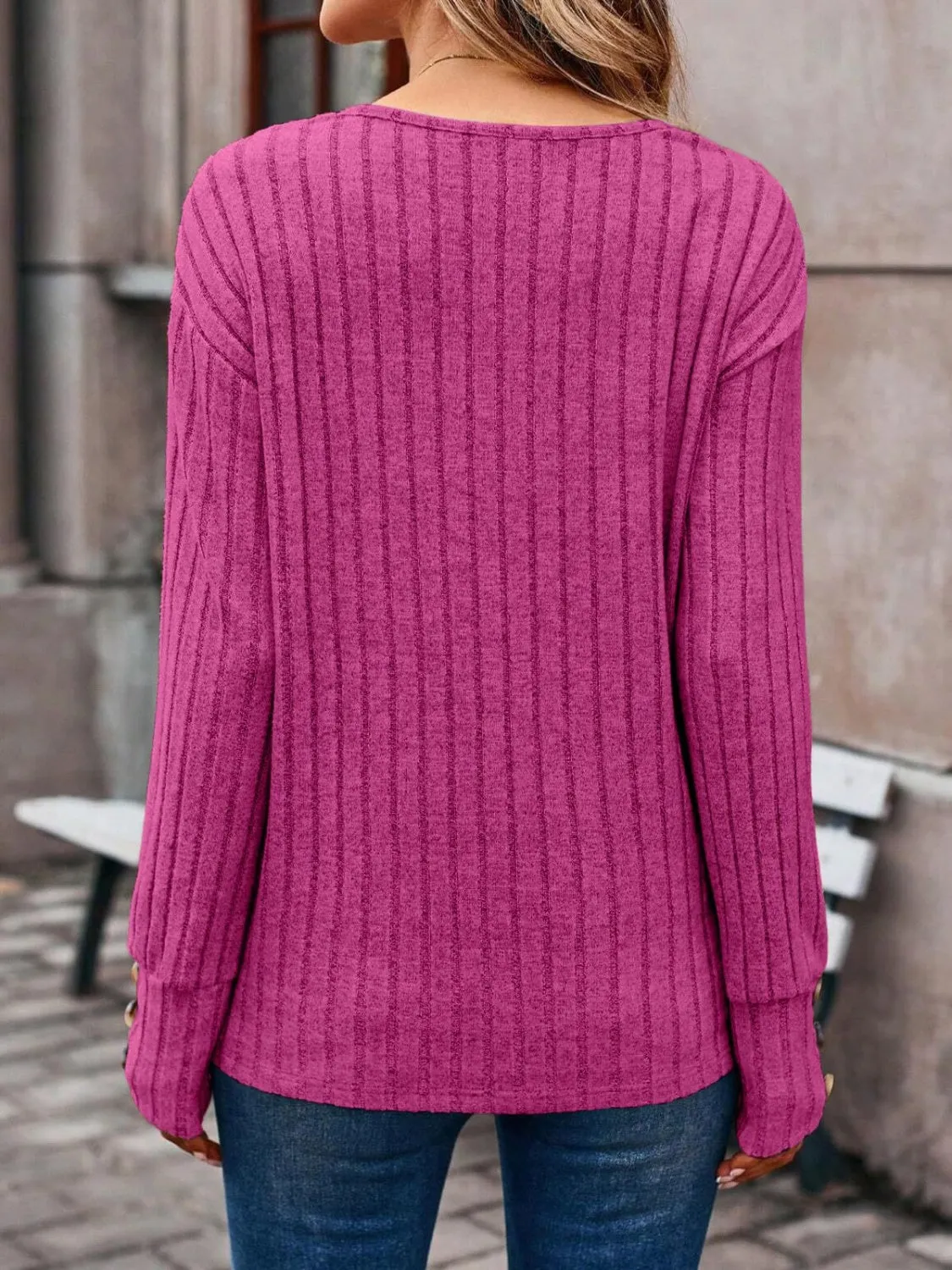 Ribbed V-Neck Long Sleeve Top