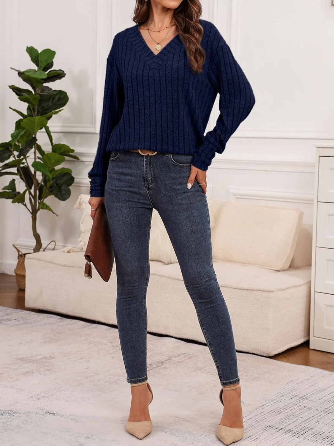 Ribbed V-Neck Long Sleeve Top